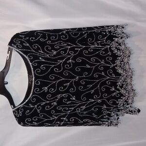 JK Ara beautiful black Beaded fancy top, assymetrical hem, sparkly,  L